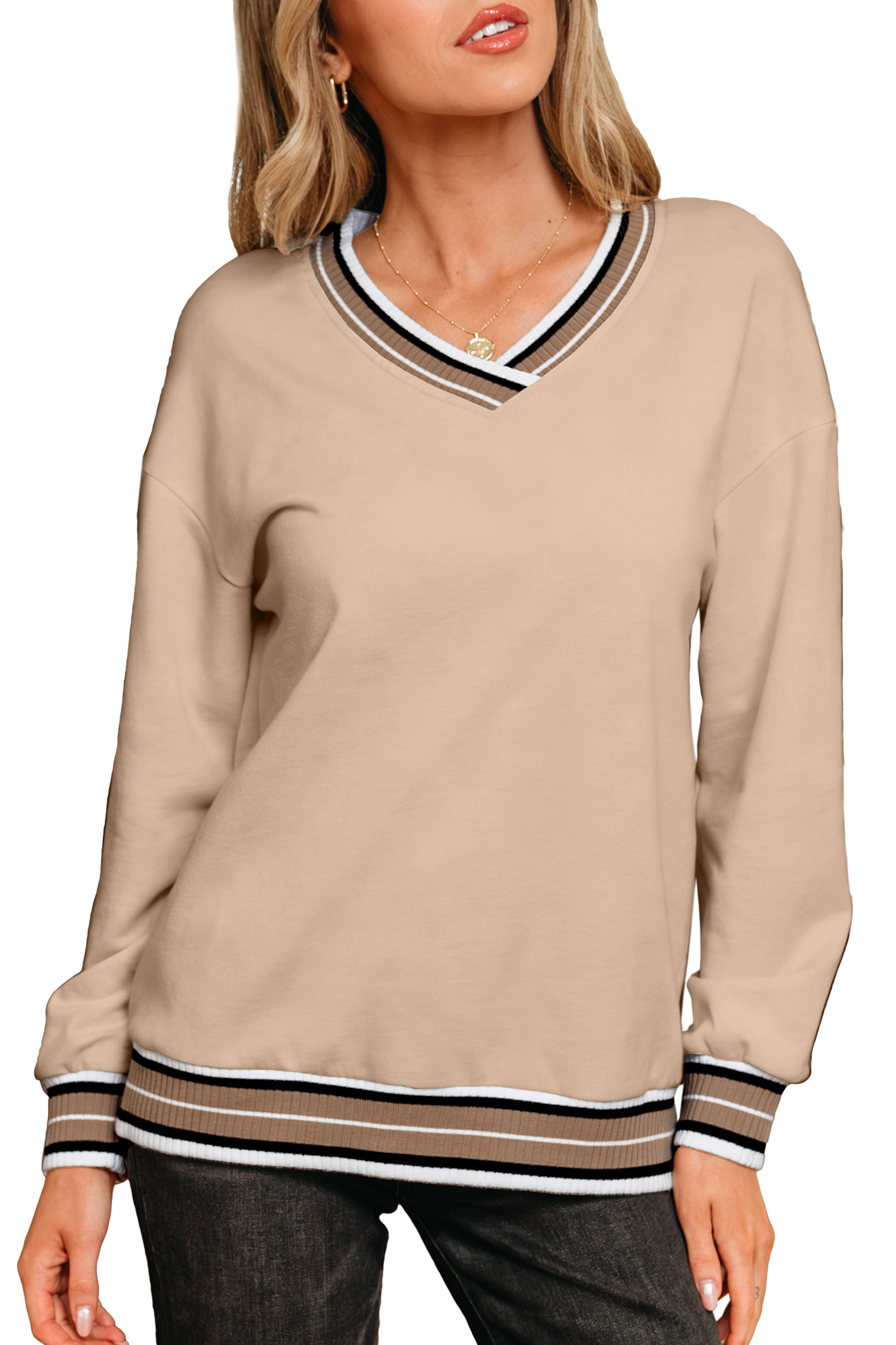 Gray Varsity Contrast Striped Trim V Neck Sweatshirt - loveforevers
