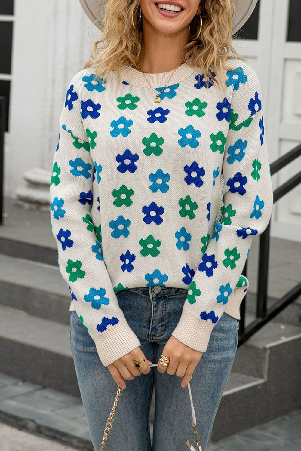 Apricot Cute Flower Allover Ribbed Trimmed Drop Shoulder Pullover Sweater - loveforevers