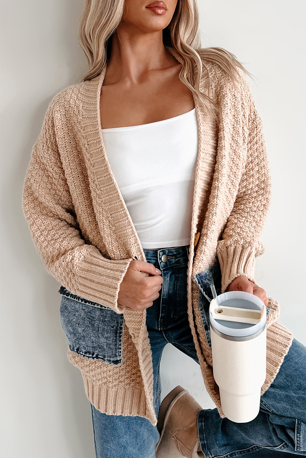 Smoke Gray Open Front Knitted Denim Pocket Patchwork Cardigan - loveforevers