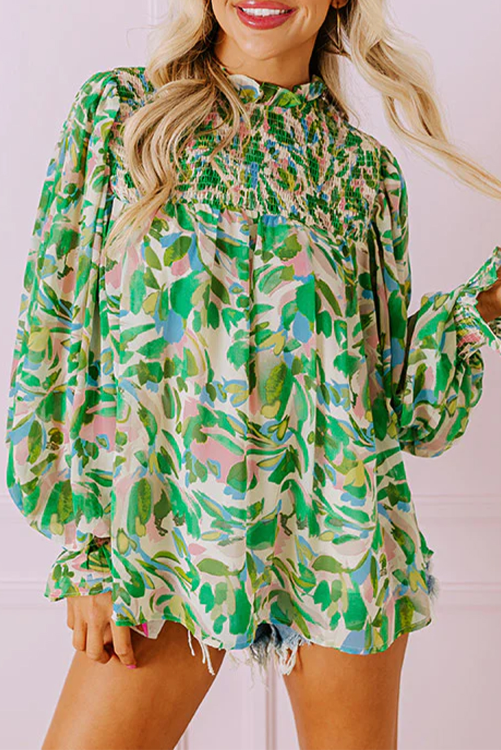 Green Leafy Printed Flounce Sleeve Shirred Mock Neck Blouse - loveforevers