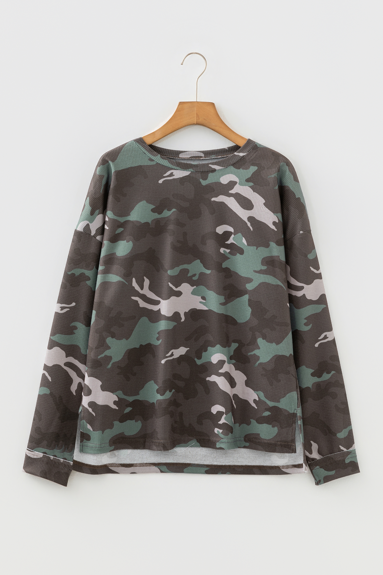 Green Camouflage Print Textured Drop Shoulder Long Sleeve Top - loveforevers