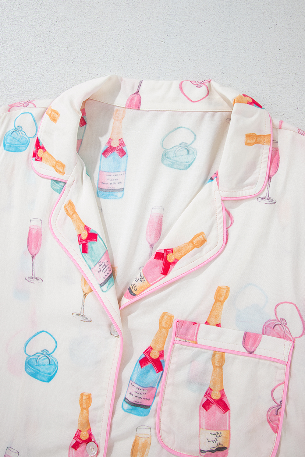 White Christmas Wine Glass Print Bow Knot Two Piece Pajama Set - loveforevers
