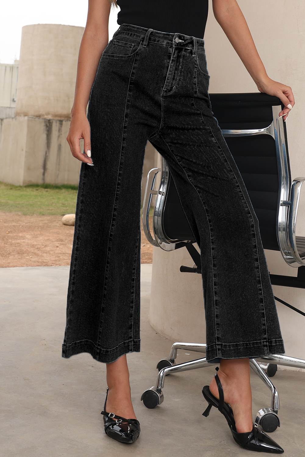 Black Plain Seam Detail Flared Bottom Ankle Length Jeans - loveforevers