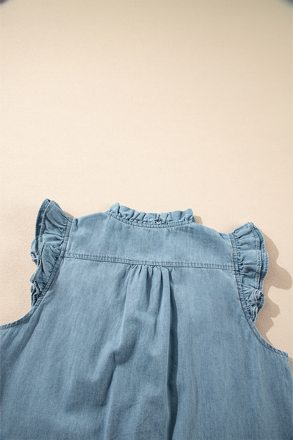 Beau Blue Frilly Ruffle Trim V Neck Chambray Tank Top - loveforevers