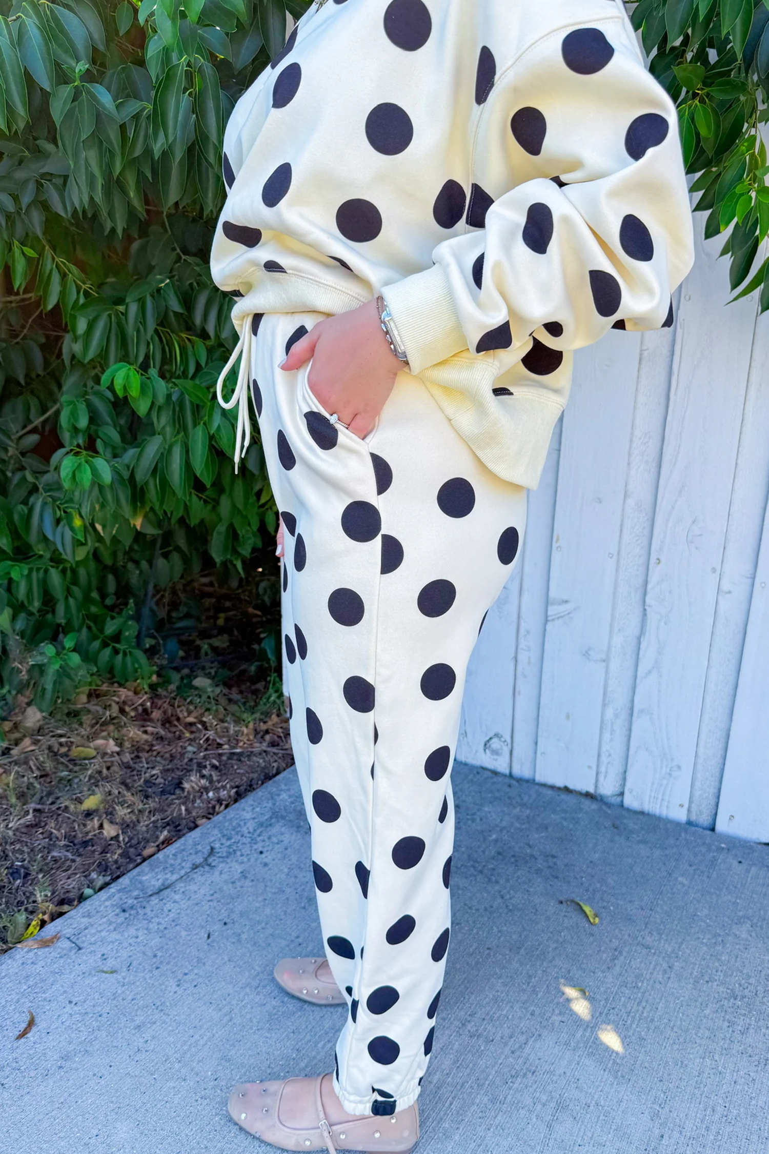 Beige Polka Dot Print Drop Shoulder Pullover Drawstring Jogger Pant Set - loveforevers