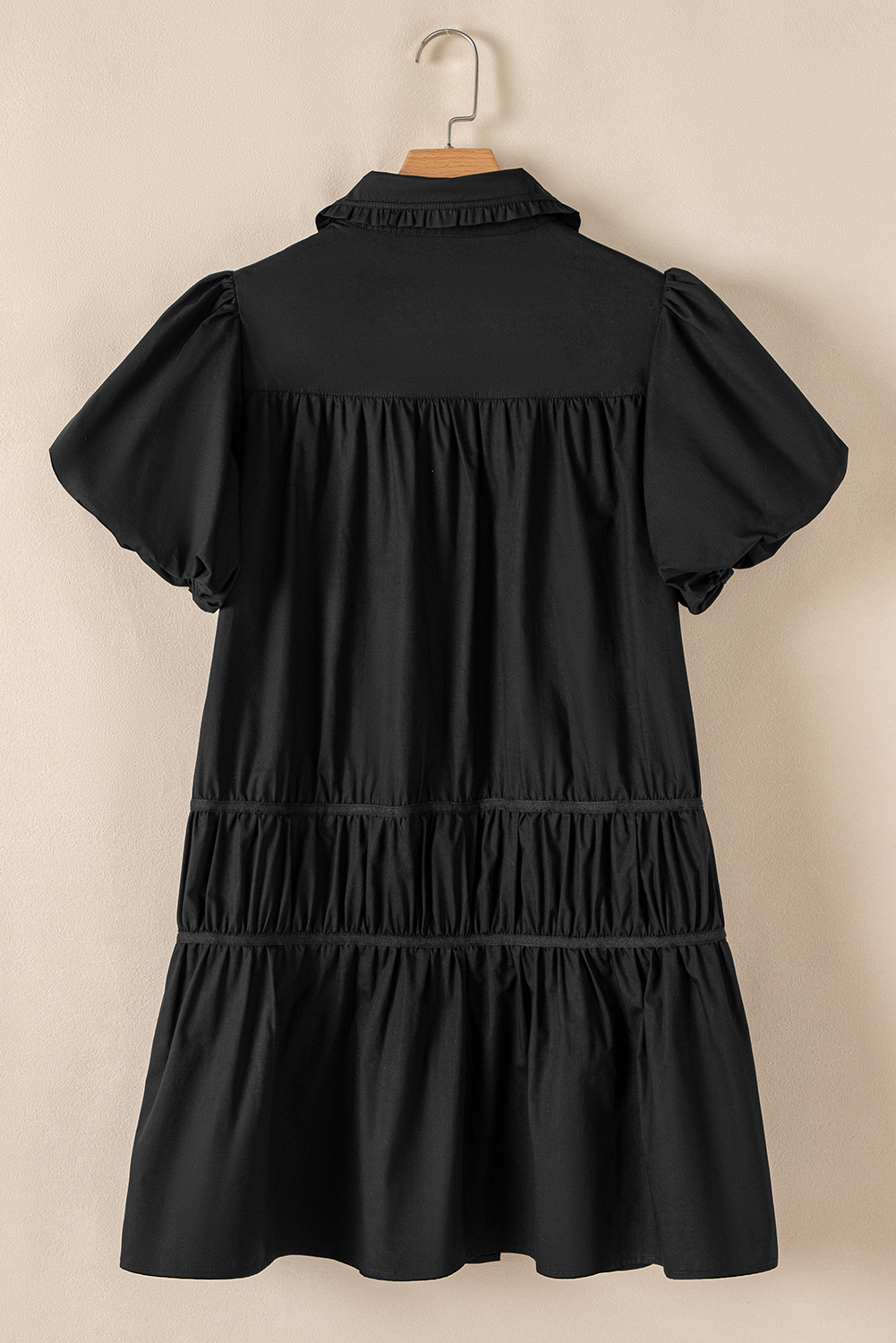 Black Shirt Style Button Down Puff Sleeve Ruffle Hem Dress - loveforevers
