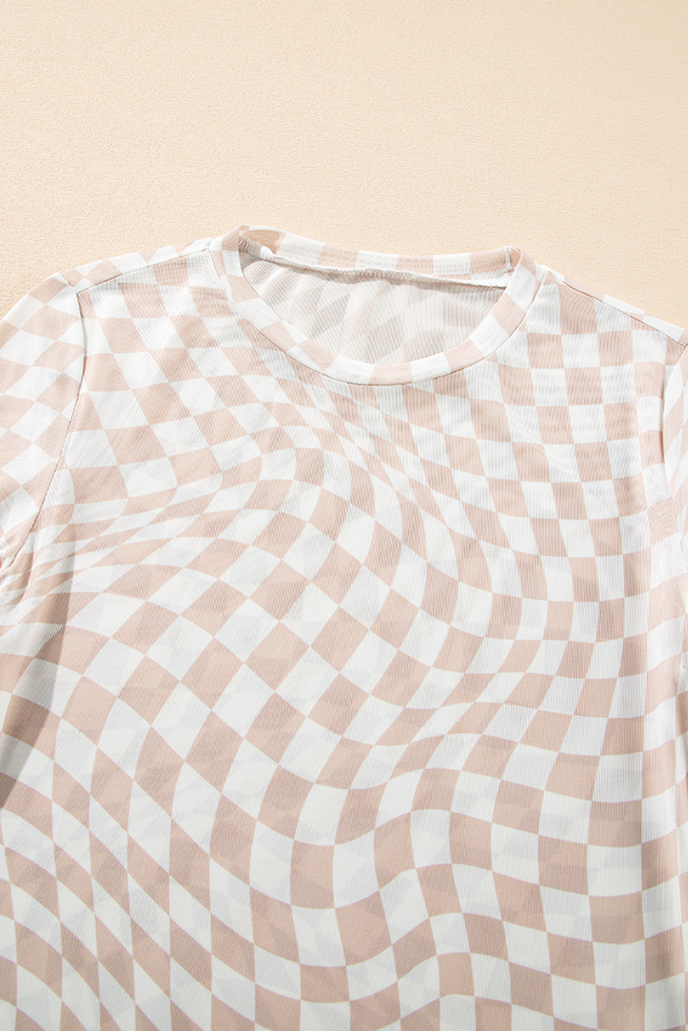 Khaki Checkered Pattern Mesh Mock Neck Long Sleeve Top - loveforevers