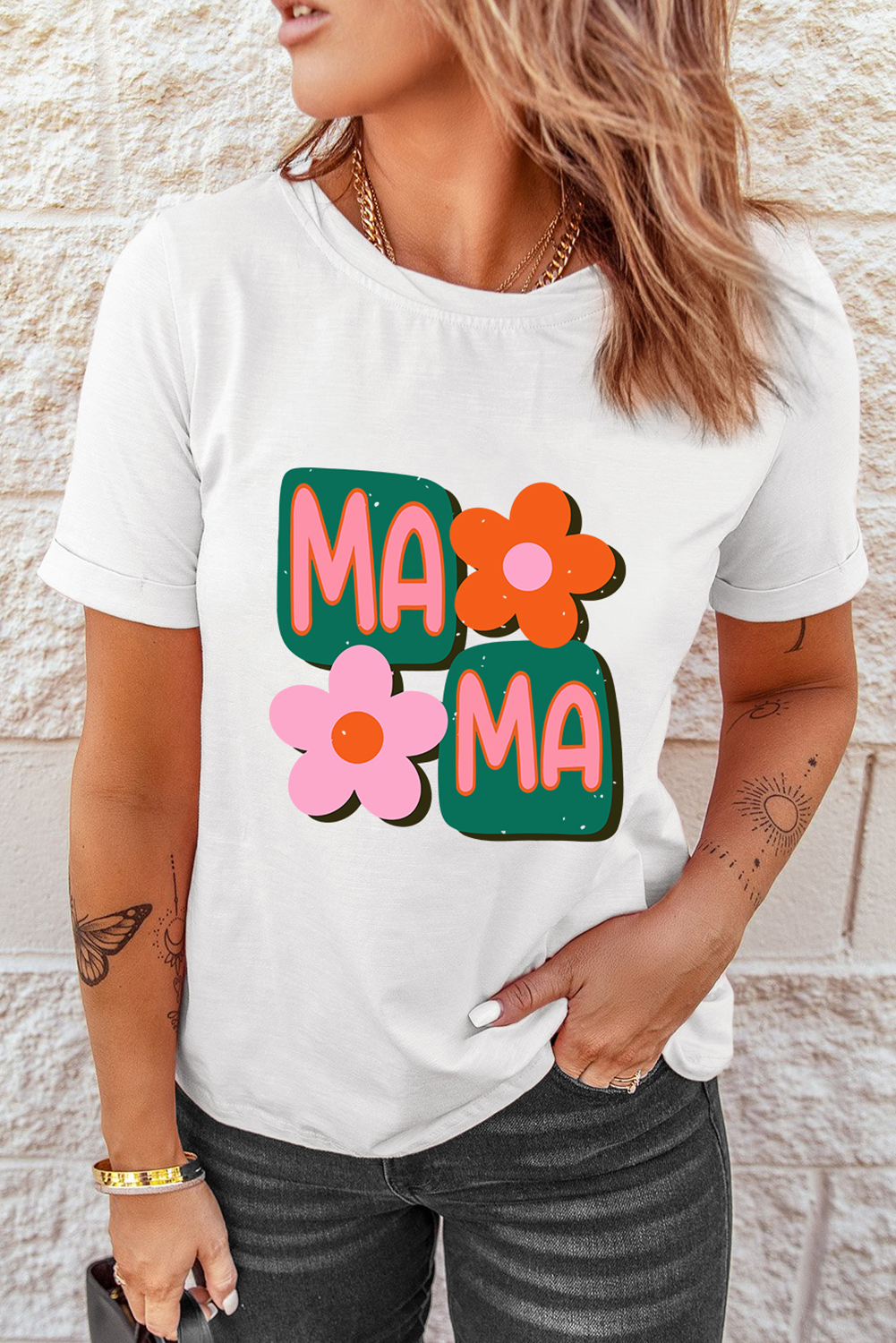 White MAMA Flower Graphic Crewneck Tee - loveforevers
