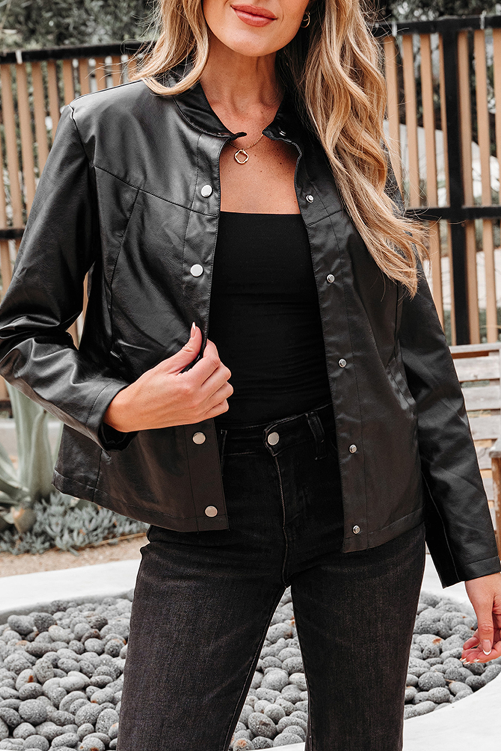 Black Faux Leather Buttoned Front Boxy Jacket - loveforevers