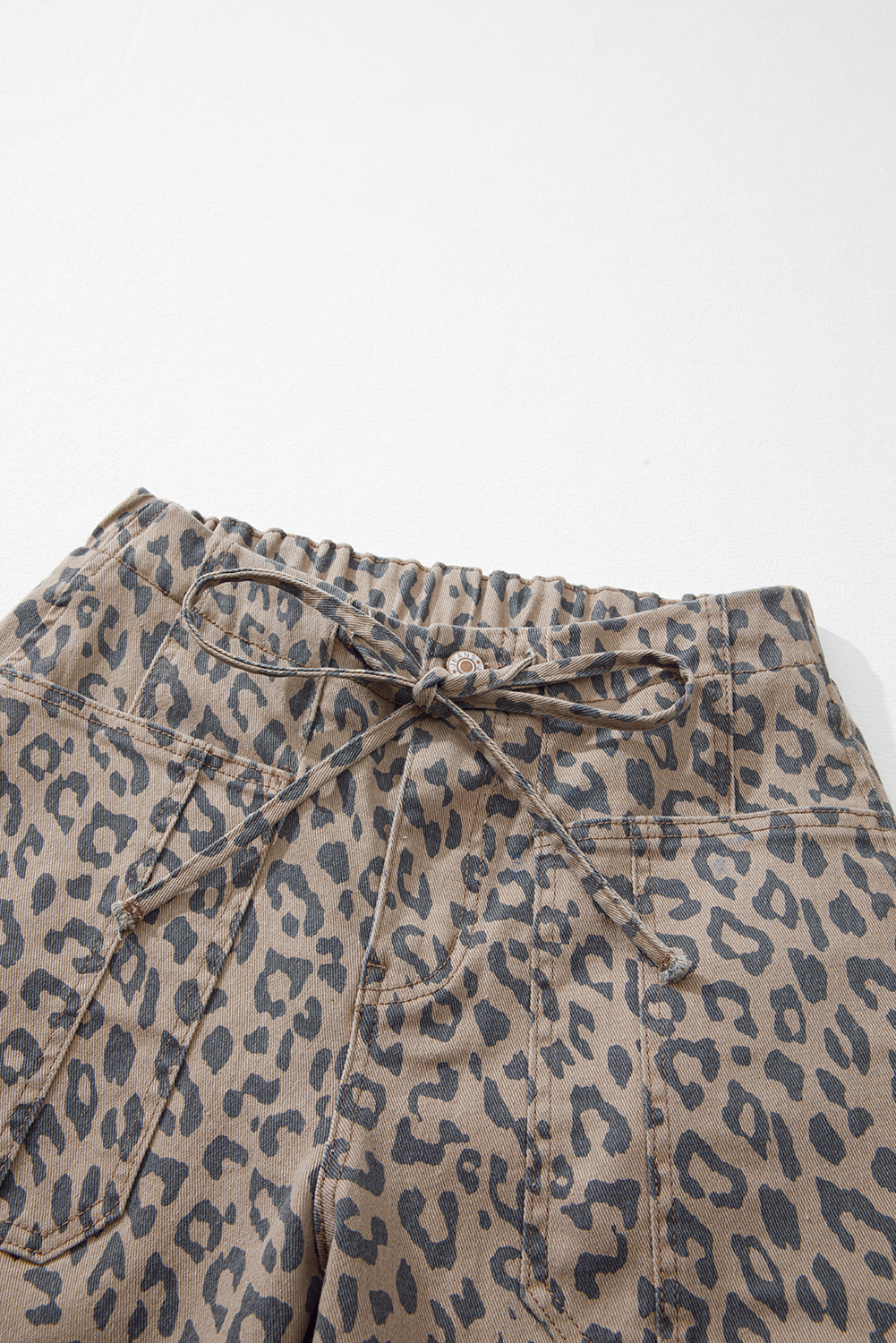 Khaki Leopard Printed Drawstring Elastic Waistband Pocketed Wide Leg Jeans - loveforevers