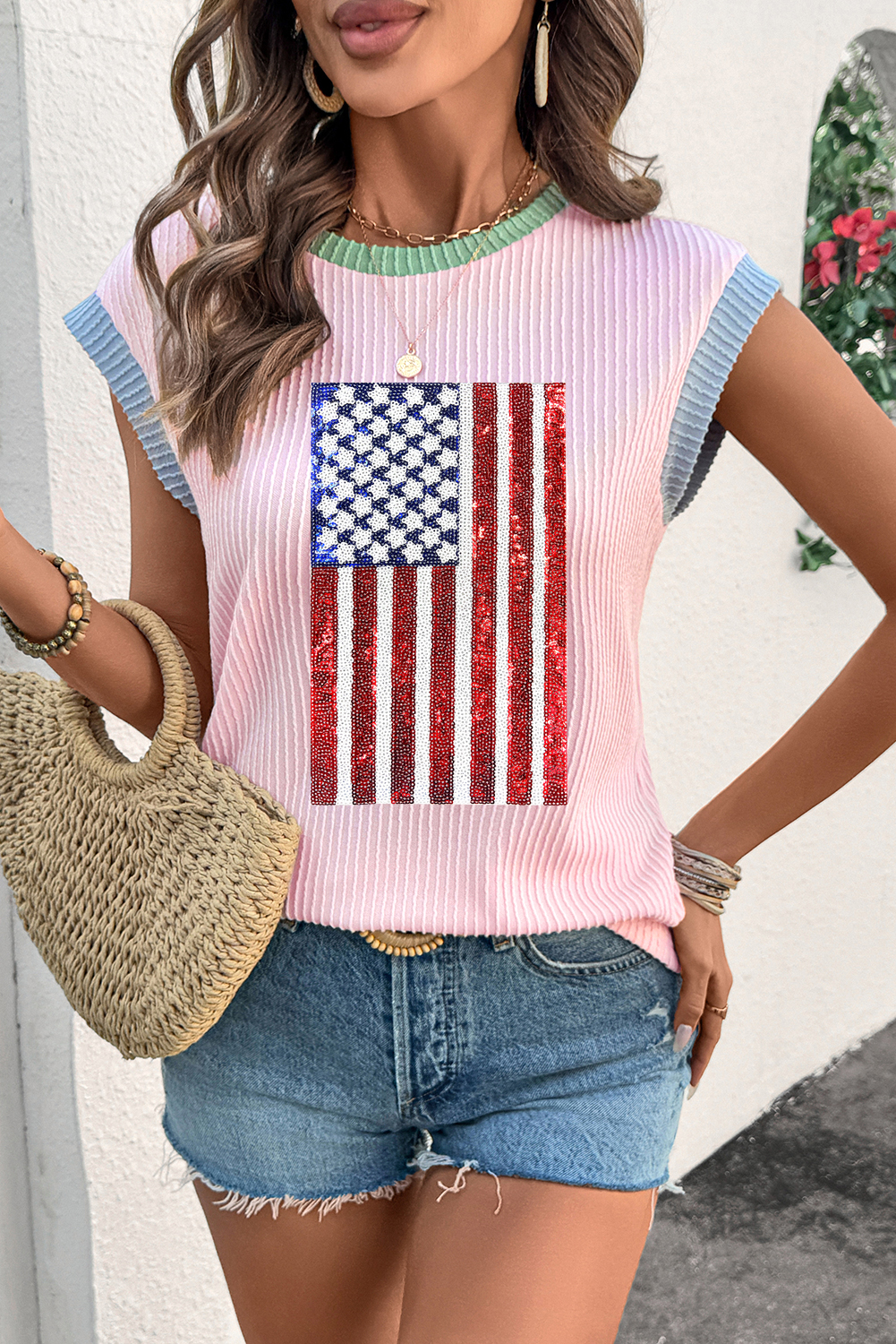 Pink Colorblock Edge Twisted Rib Texture Sequin American Flag Casual T Shirt - loveforevers