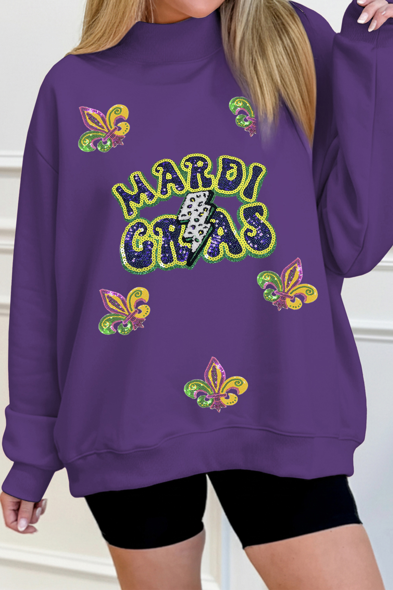 Tillandsia Purple MARDI GRAS Leopard Lightning Sequin Graphic Mock Neck Sweatshirt - loveforevers