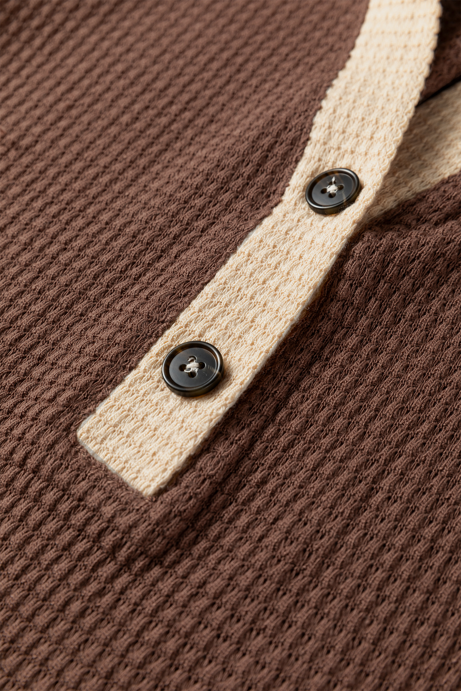 Coffee Waffle Contrast Half Buttoned Hooded Pullover Top - loveforevers