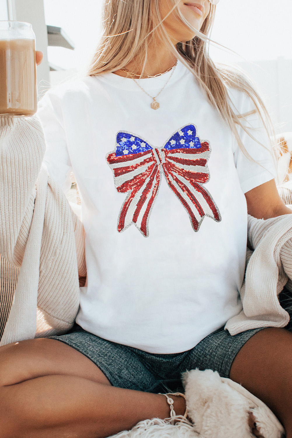 White USA Flag Bow Knot Patched Crew Neck T Shirt - loveforevers