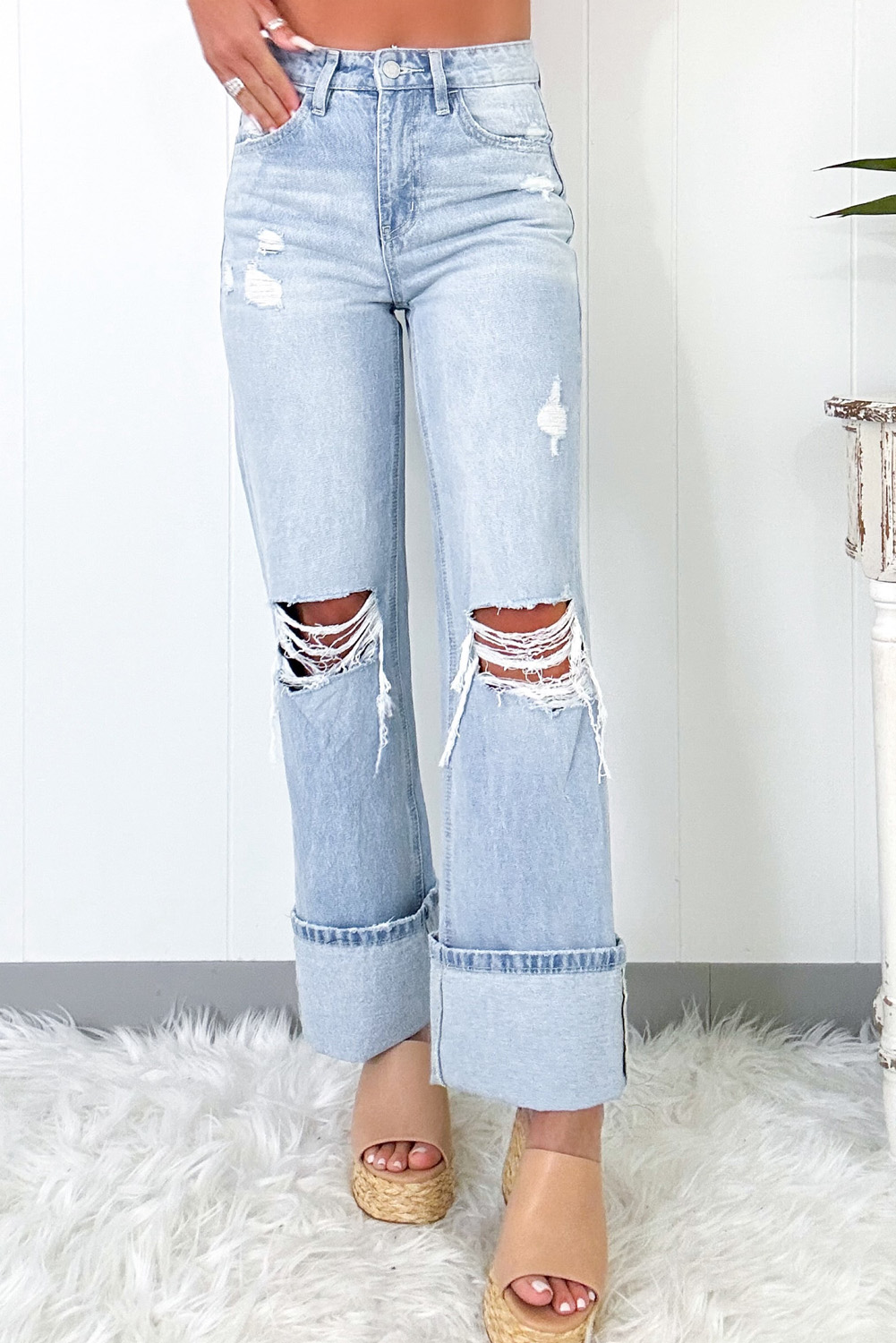 Beau Blue Light Wash Distressed Straight Jeans - loveforevers