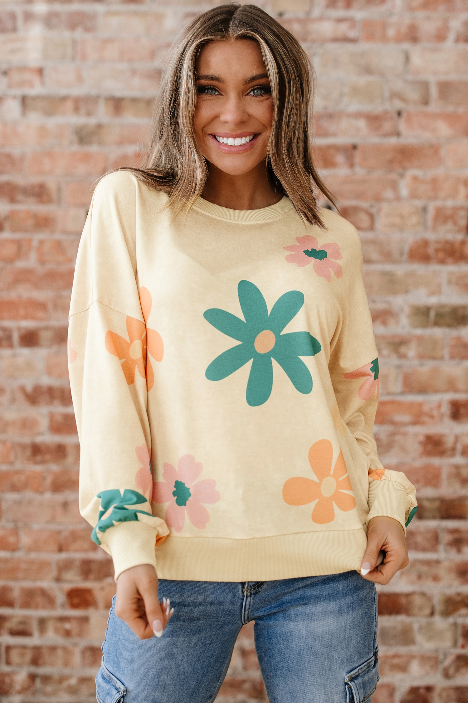 Khaki Mineral Washed French Terry Flower Print Sweatshirt - loveforevers