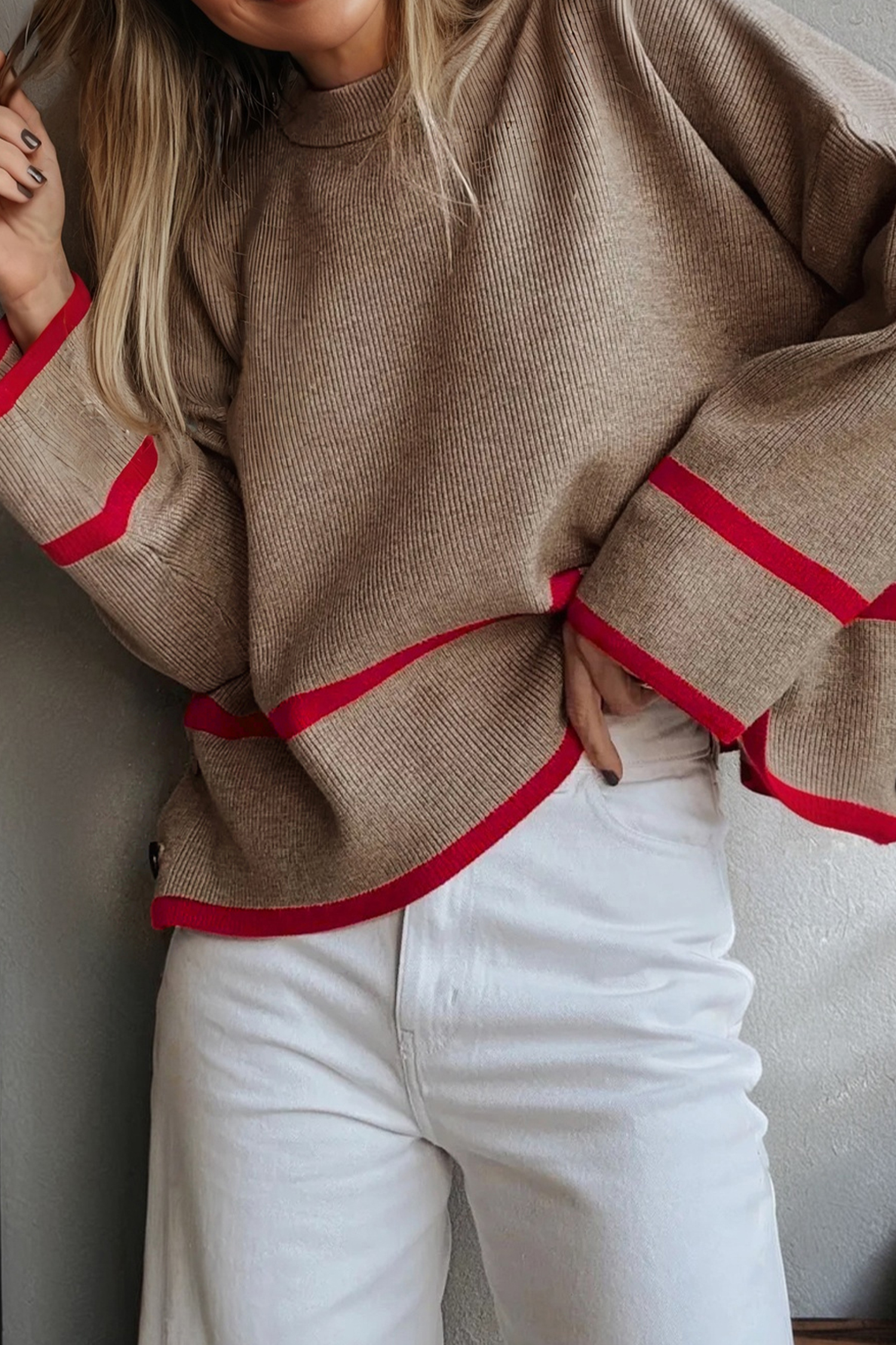 Simply Taupe Ribbed Knit Contrasted Stripe Detail Button Side Loose Sweater - loveforevers
