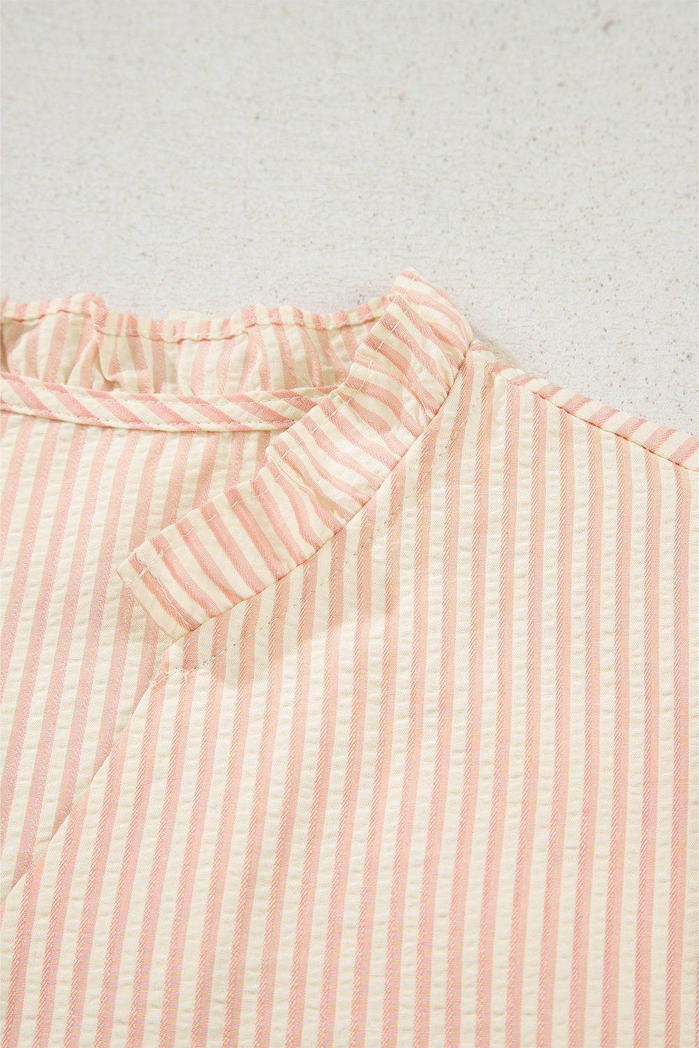 Pink Stripe Bow Knot Cuff Pearl Embellished Puff Sleeve V Neck Blouse - loveforevers