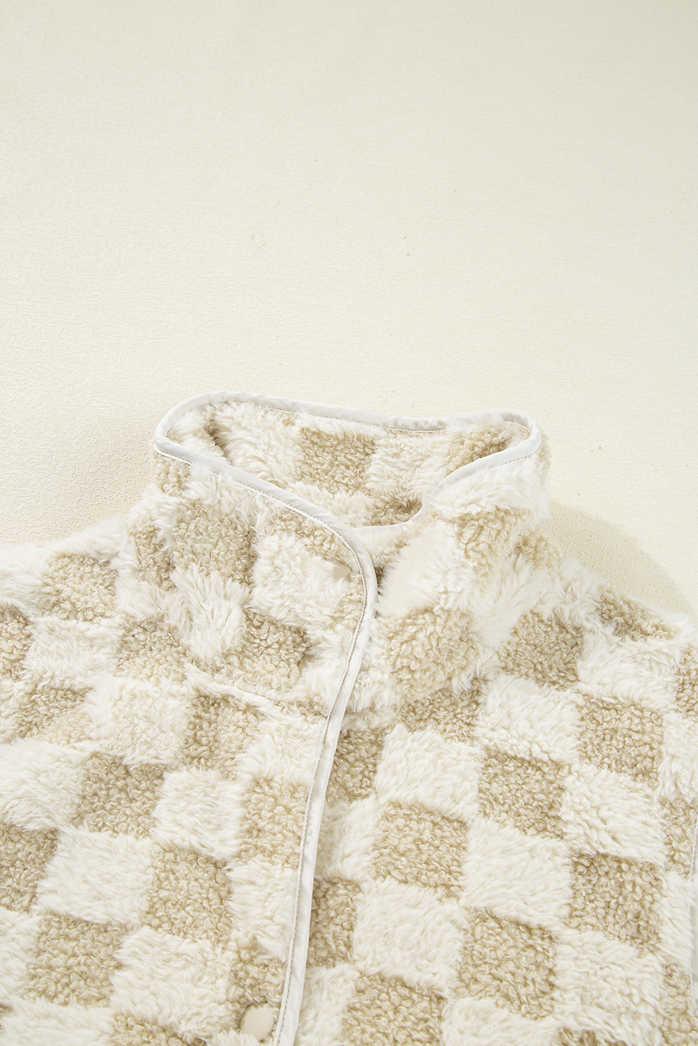Khaki Sherpa Checkerboard Snap Button Vest Jacket With Pocket - loveforevers