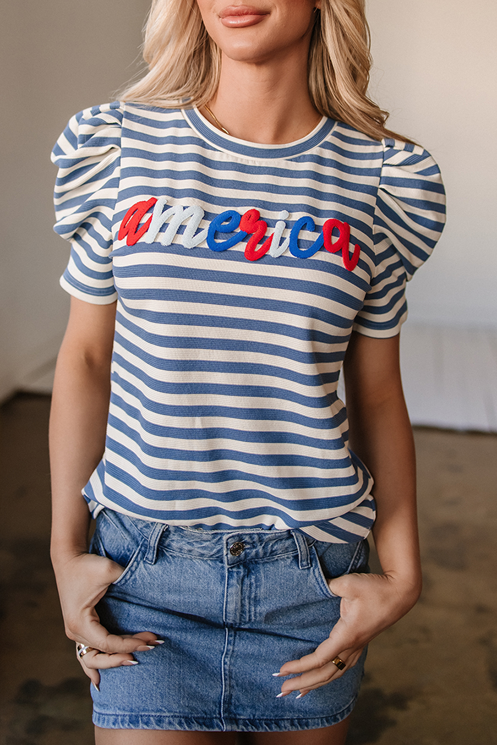 Blue Stripe America Cursive Graphic Puff Sleeve T-shirt - loveforevers