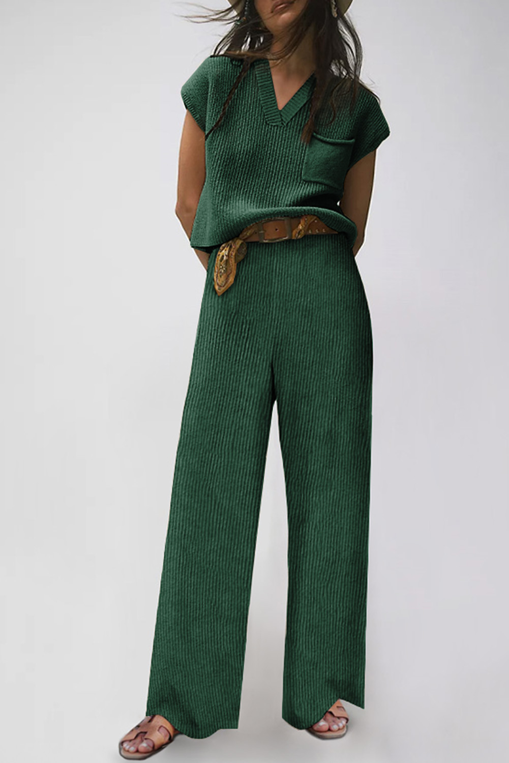 Green Knitted V Neck Sweater and Casual Pants Set - loveforevers