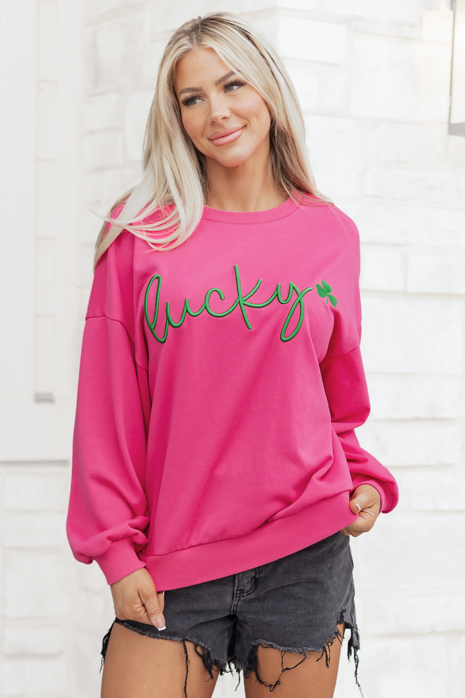 Rose Red Lucky Clover Embroidered Loose Pullover Sweatshirt - loveforevers