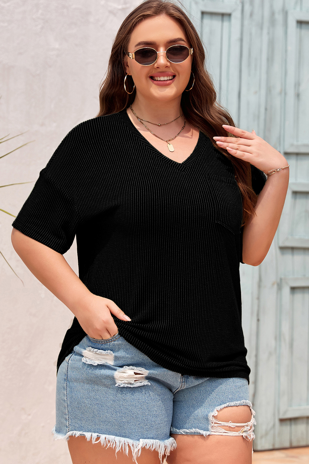 Black Textured V-Neck Dropped Shoulder Plus T-Shirt - loveforevers