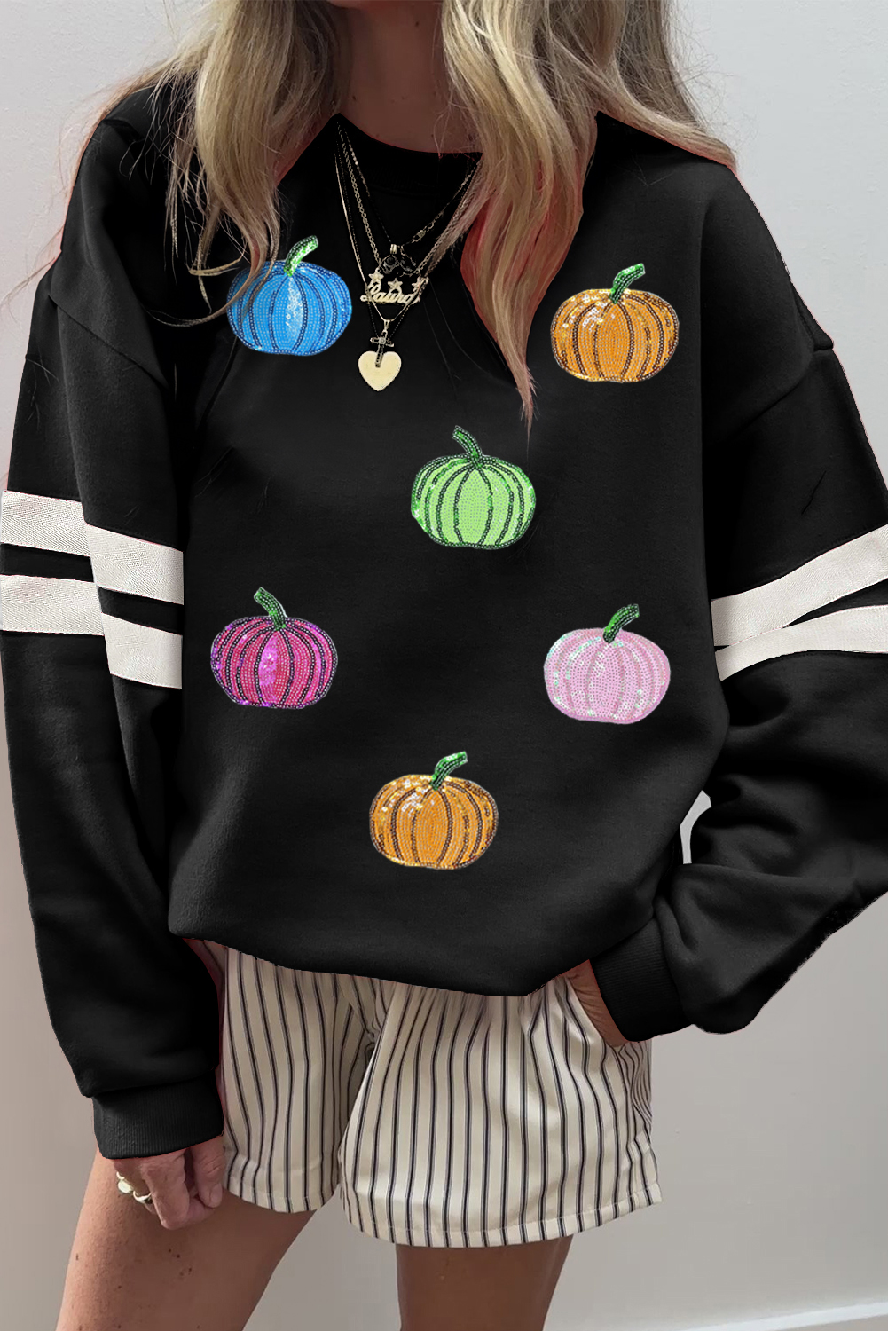 Black Multicolored Sequin Pumpkin Oversized Varsity Sweatshirt - loveforevers