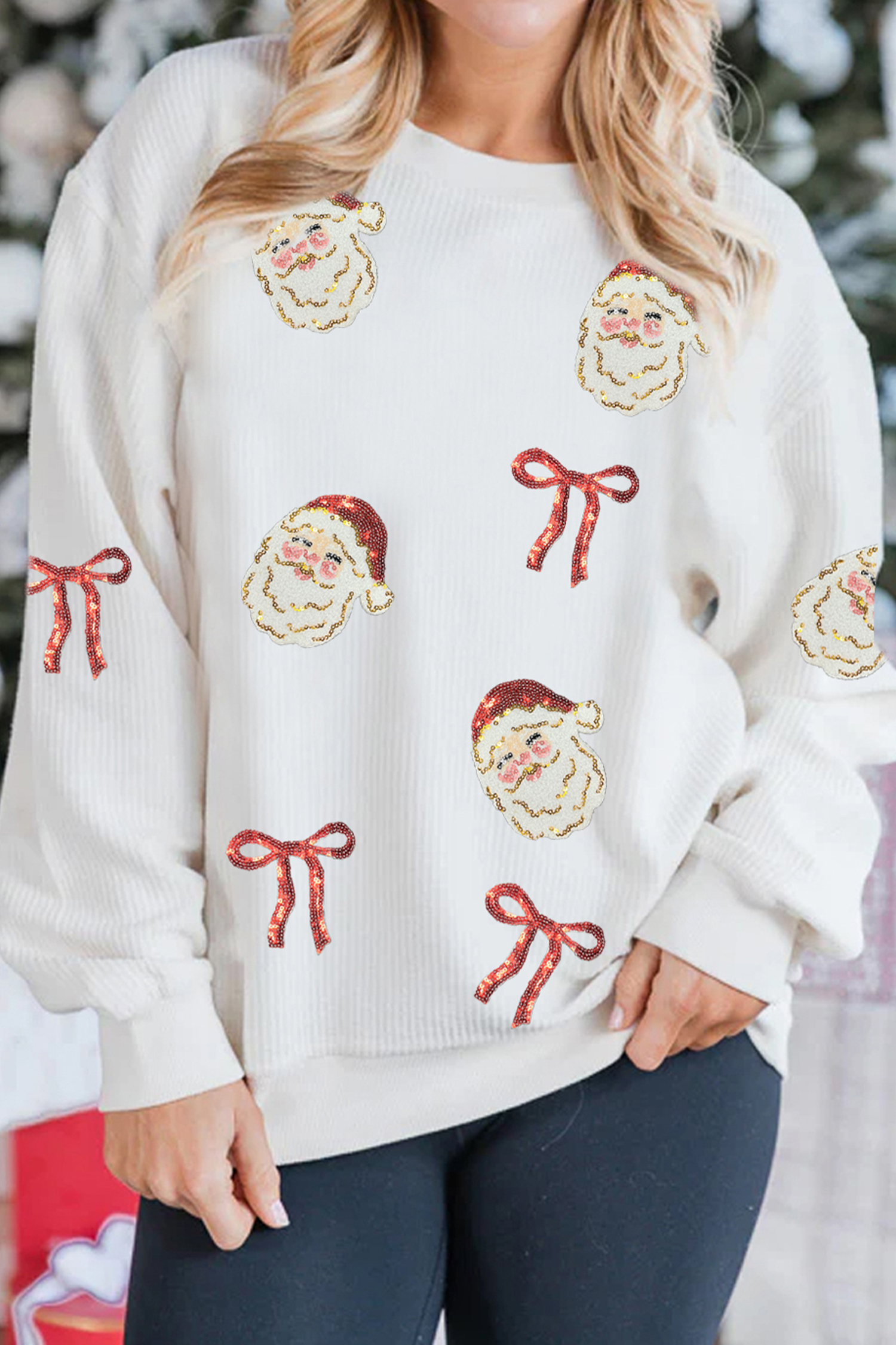 White Corded Rib Sequin Santa Bow Patched Drop Shoulder Graphic Sweatshirt - loveforevers