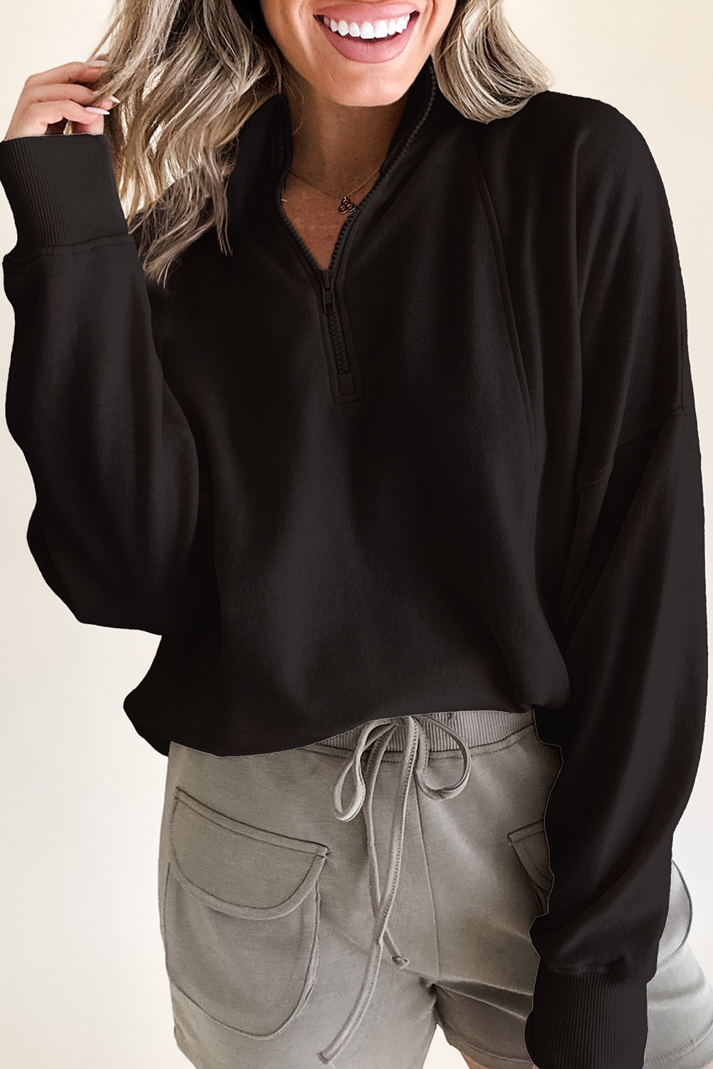 Fushia Zipped Neck Pullover Drop Shoulder Sweatshirt - loveforevers