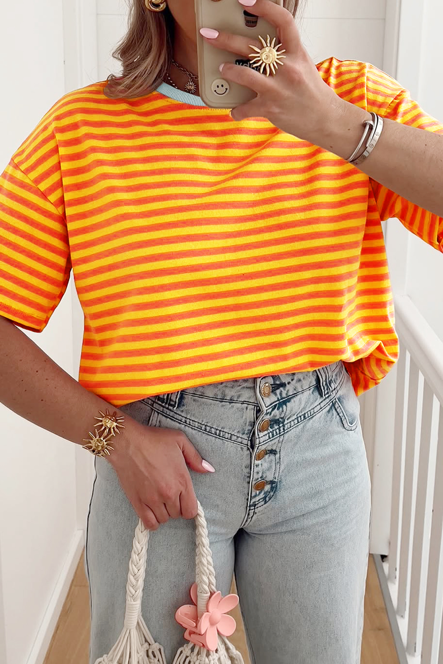 Sky Blue Stripe Contrast Crew Neck Drop Shoulder Loose Tee - loveforevers