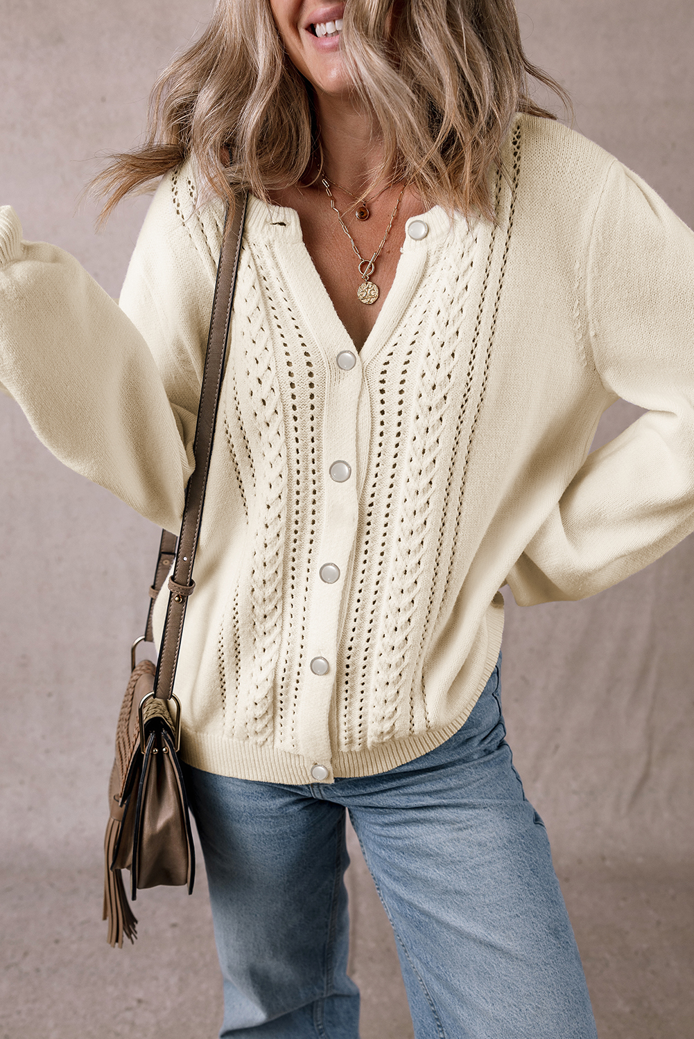 Apricot Pleated Sleeve Hollow Detail Button Sweater Cardigan - loveforevers