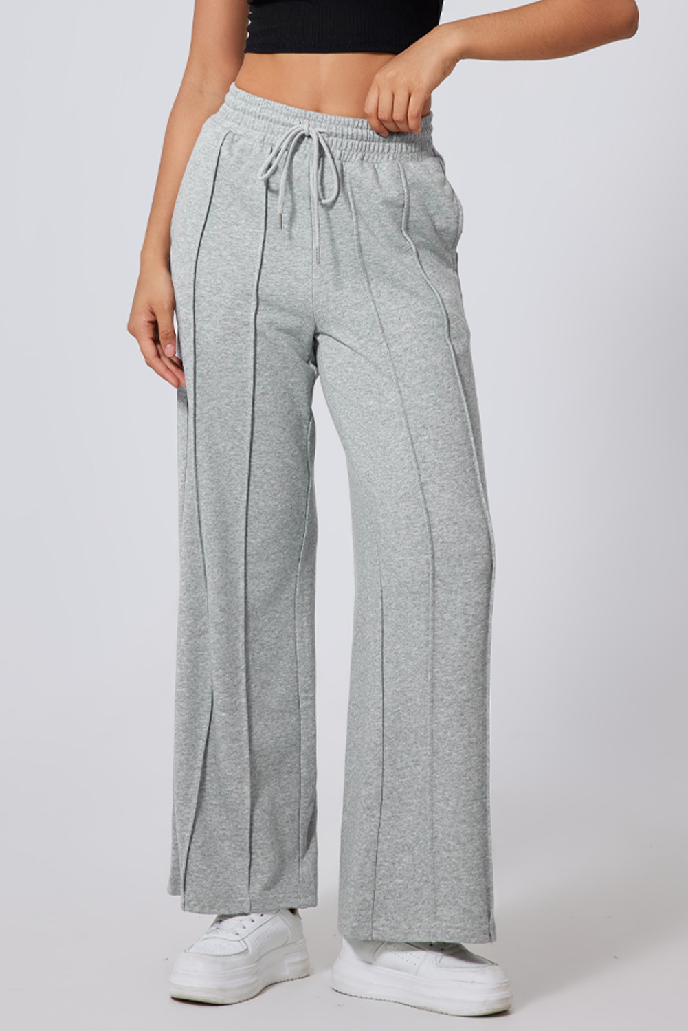 Black Seamed Drawstring High Waist Wide Leg Sweatpants - loveforevers