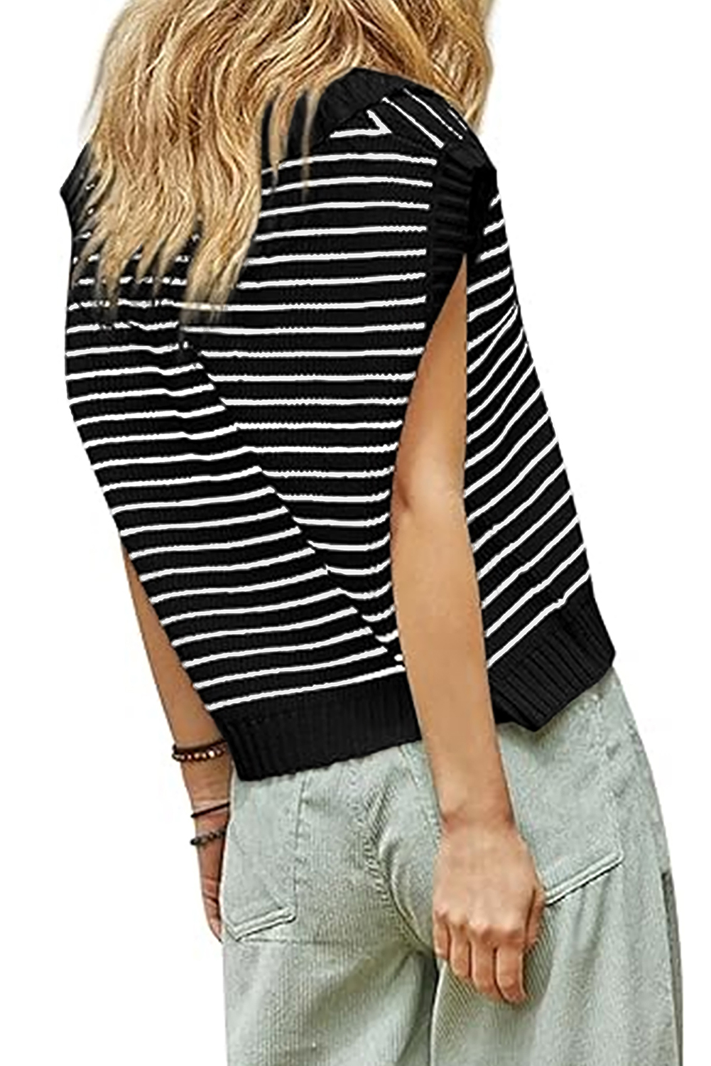 Beige Stripe Turn-down V Neck Sweater Tank Top - loveforevers