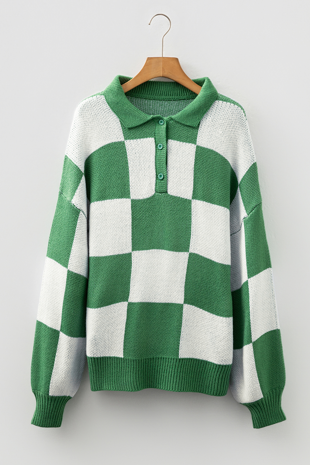 Mist Green Checkered Pattern Polo Collar Loose Sweater - loveforevers