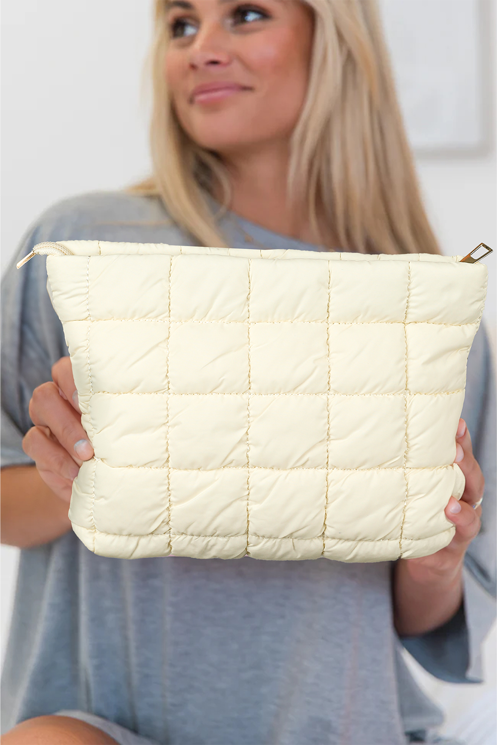 White Zipper Quilted Puffer Cosmetic Bag - loveforevers