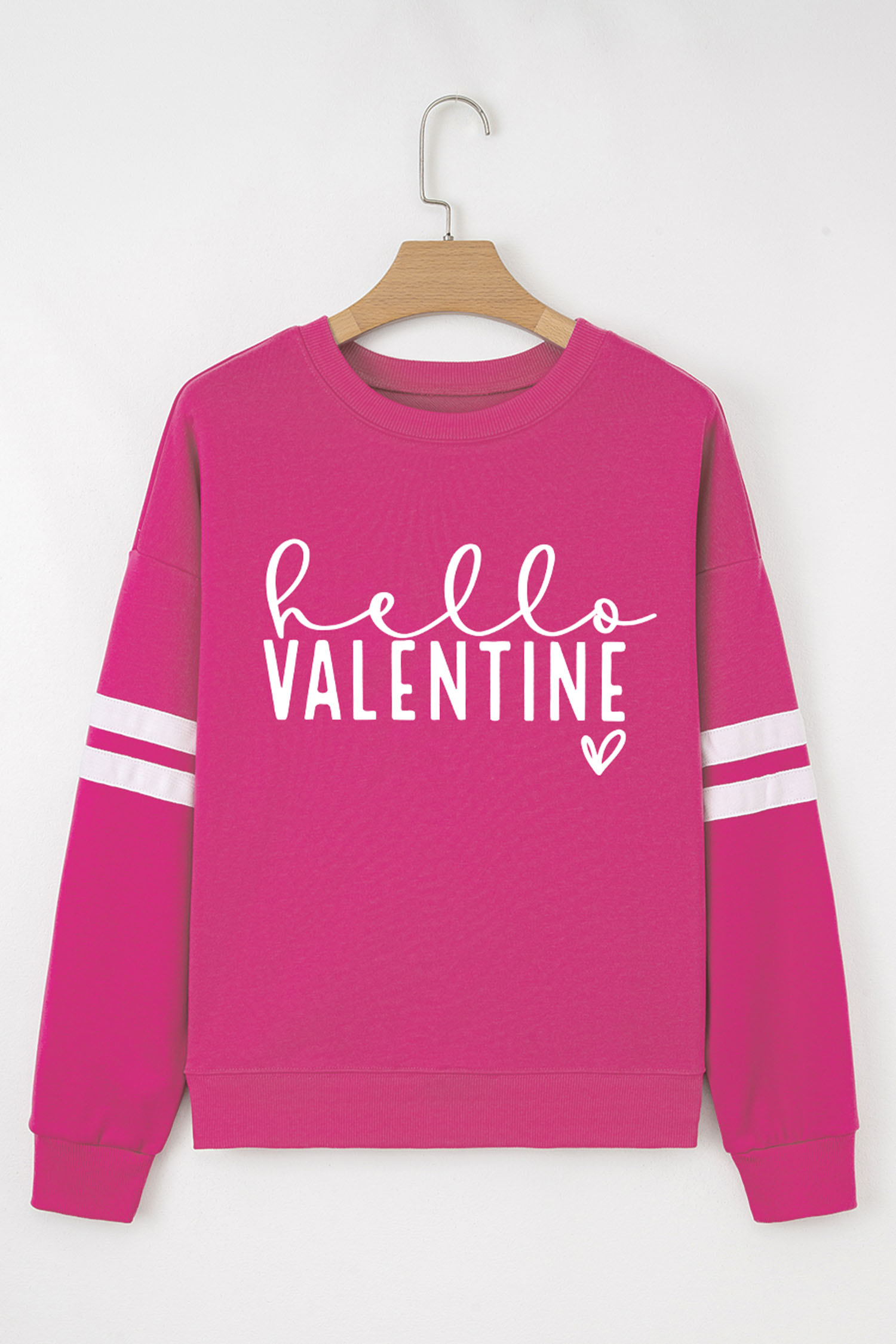 Rose Red Hello Valentine Varsity Striped Sleeve Baggy Sweatshirt - loveforevers