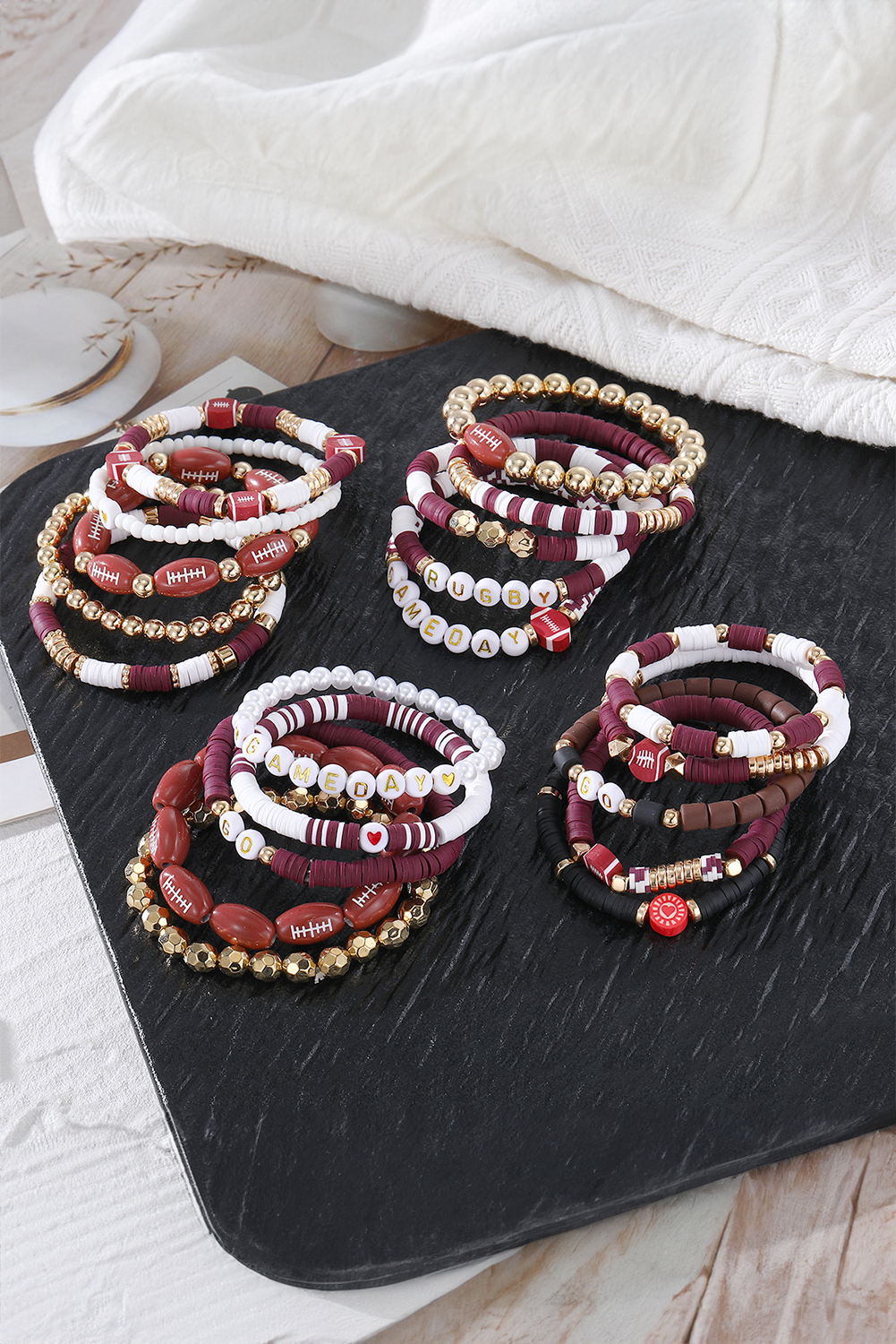 Red Dahlia 5pcs Football Beading Elastic Bracelet Set - loveforevers