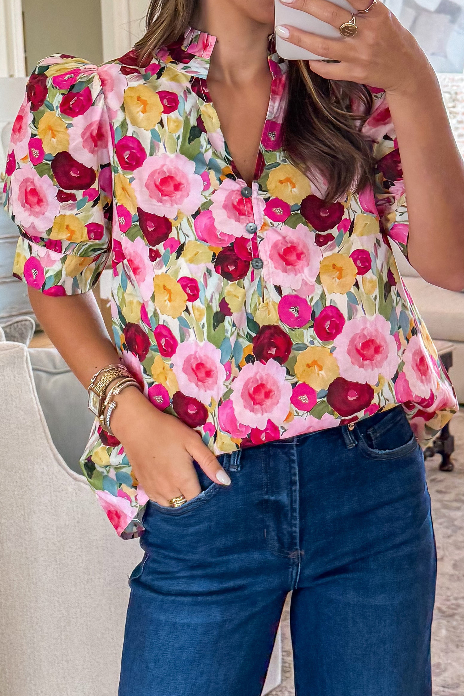 Pink Floral Frilled V Neck Puff Short Sleeve Blouse - loveforevers