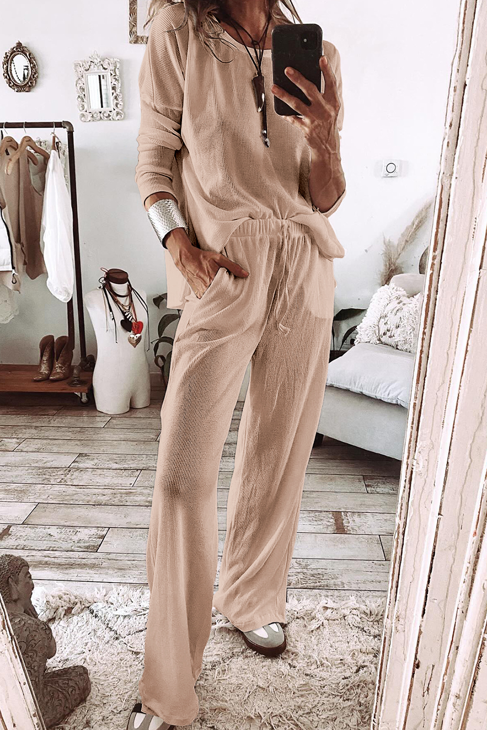 Parchment Textured Long Sleeve T Shirt and Pants Lounge Set - loveforevers