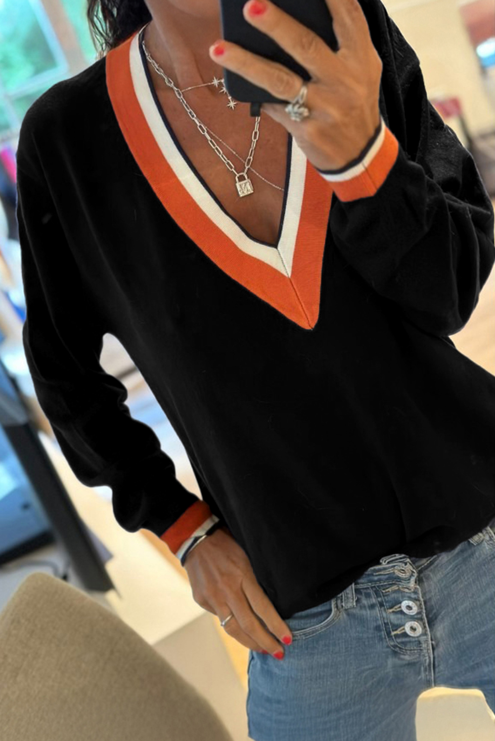 Black Contrast Striped Trim V Neck Varsity Sweater - loveforevers