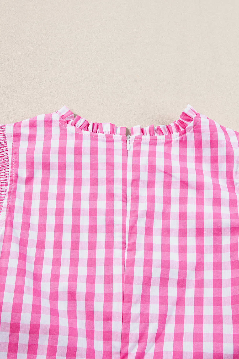 Rose Red Checkered Ruffled Sleeve Frilled Neck Blouse - loveforevers