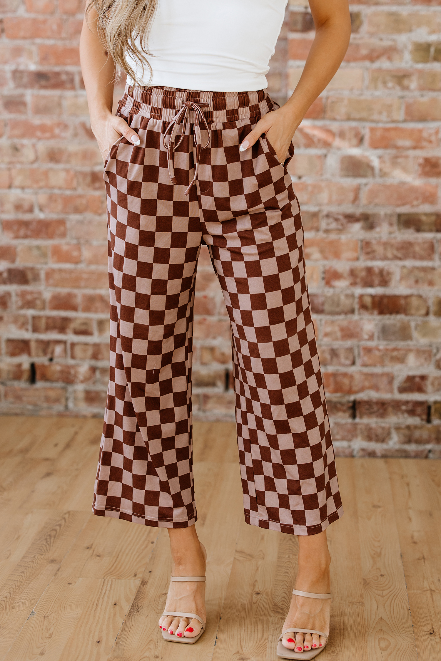 Khaki Checkered Elastic High Waist Loose Casual Pants - loveforevers