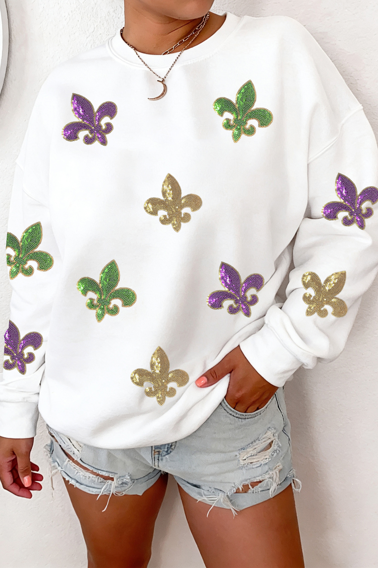White Sequin Fleur De Lis Mardi Gras Graphic Pullover Sweatshirt - loveforevers