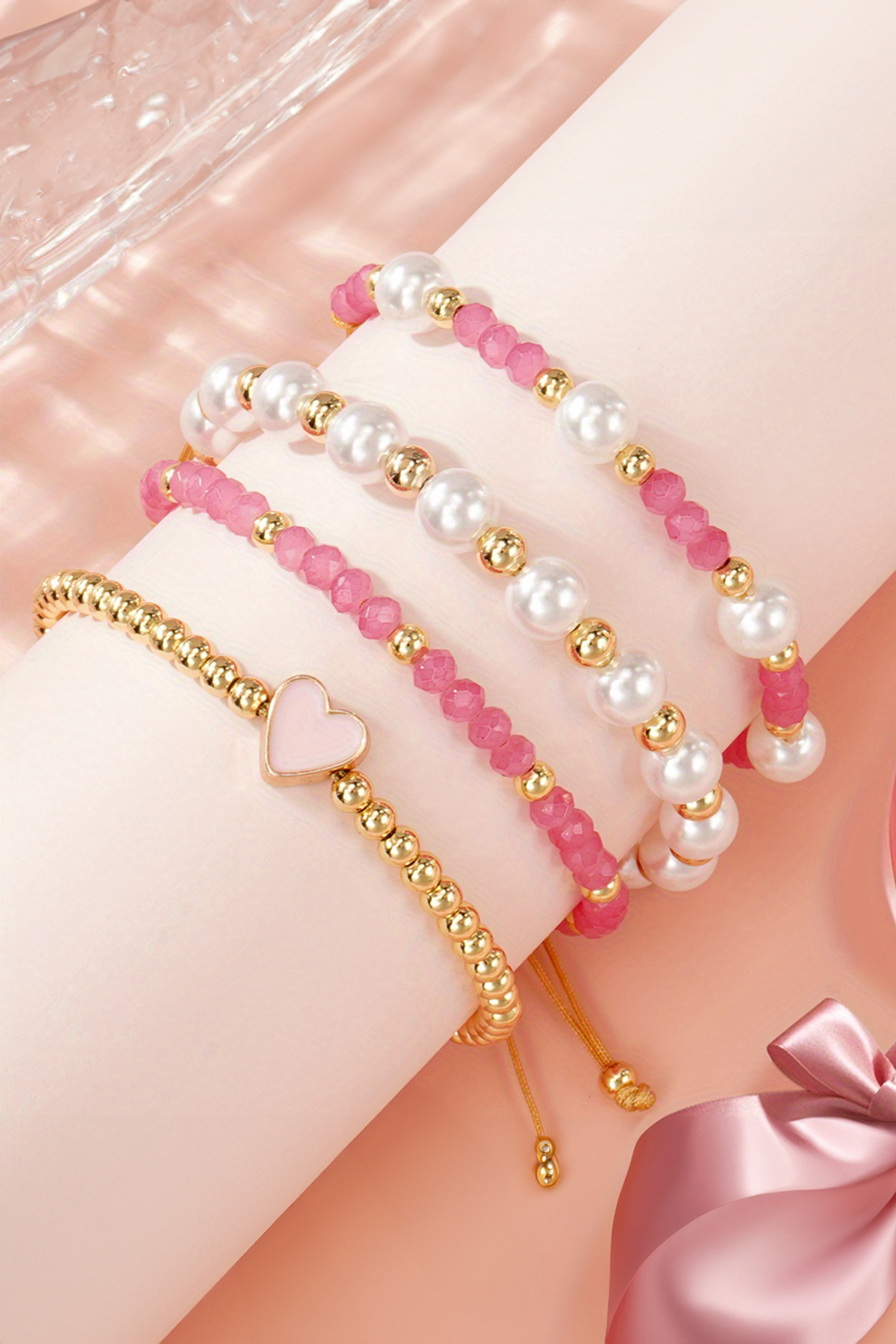 Pink Polyhedral Pearl Golden Beads Adjustable String 4pcs Bracelet Set - loveforevers