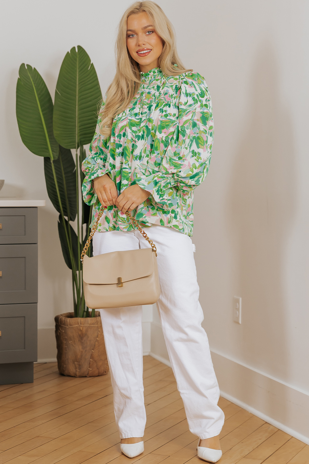 Green Leafy Printed Flounce Sleeve Shirred Mock Neck Blouse - loveforevers