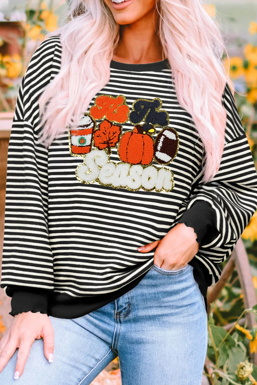Black Stripe Tis The Season Chenille Patched Graphic Drop Shoulder Long Sleeve Top - loveforevers