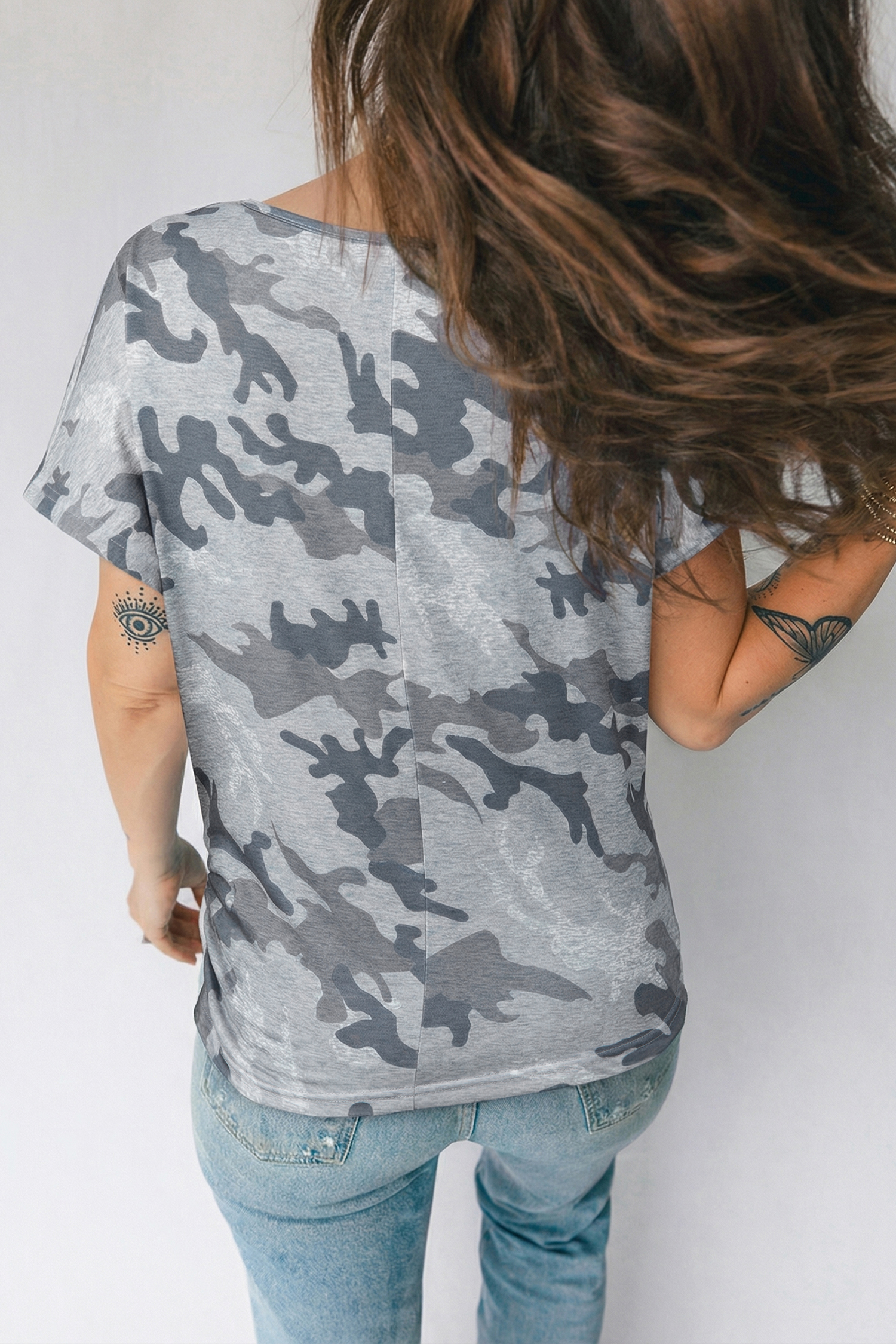 Gray Camouflage Print Round Neck T Shirt - loveforevers