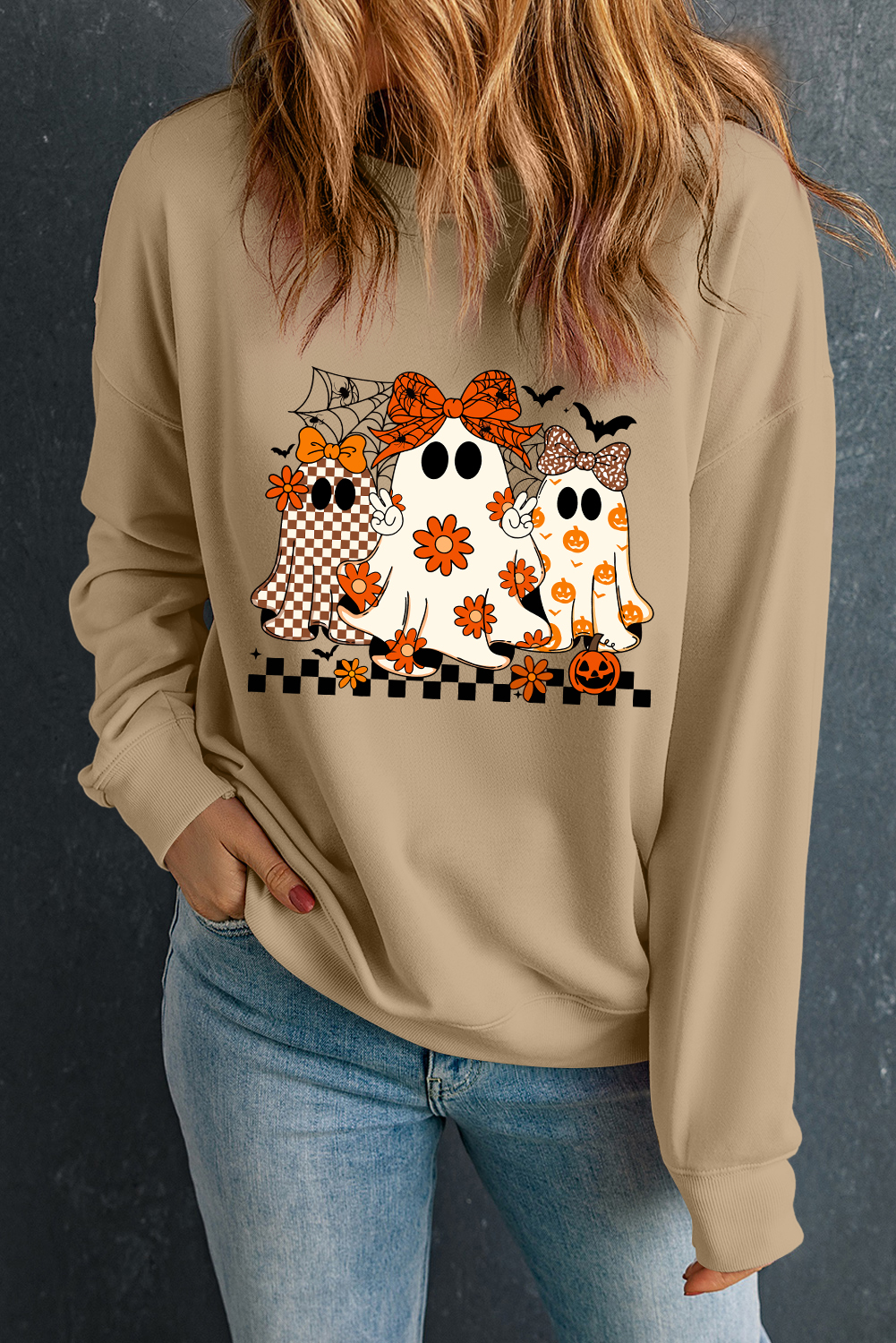 Khaki Cute Halloween Ghost Printed Drop Shoulder Baggy Sweatshirt - loveforevers