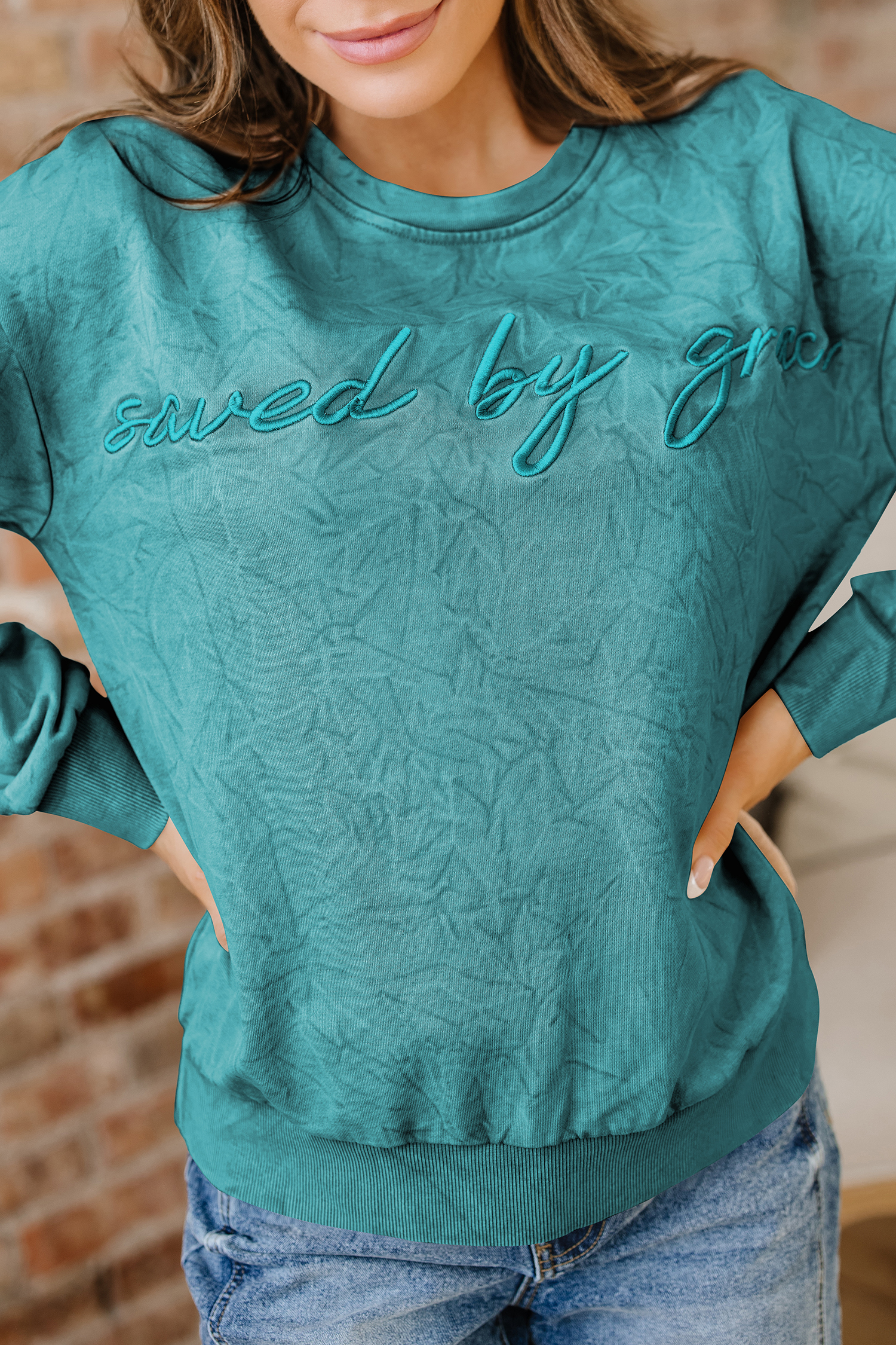 DUNE saved by grace Letter Embroidery Mineral Wash Loose Sweatshirt - loveforevers
